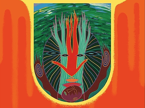 Cover artwork from Malidoma Patrice Somé's memoir Of Water and the Spirit: a luminous mask emerging from water.