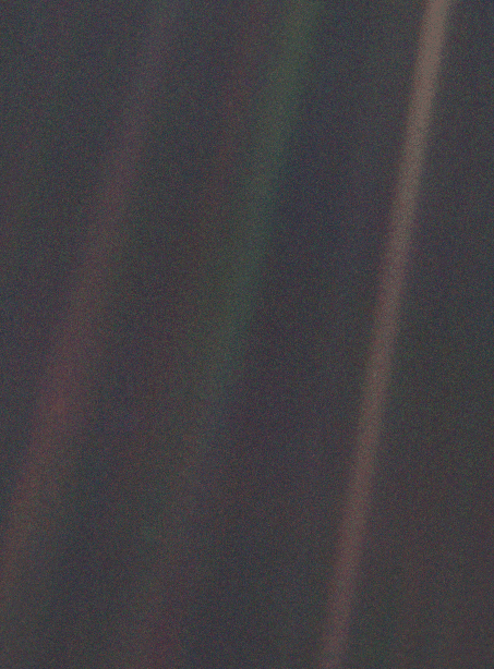 Pale Blue Dot, Voyager 1, February 14 1990. Earth as a single bright pixel inside a sunbeam, photographed from six billion kilometers.
