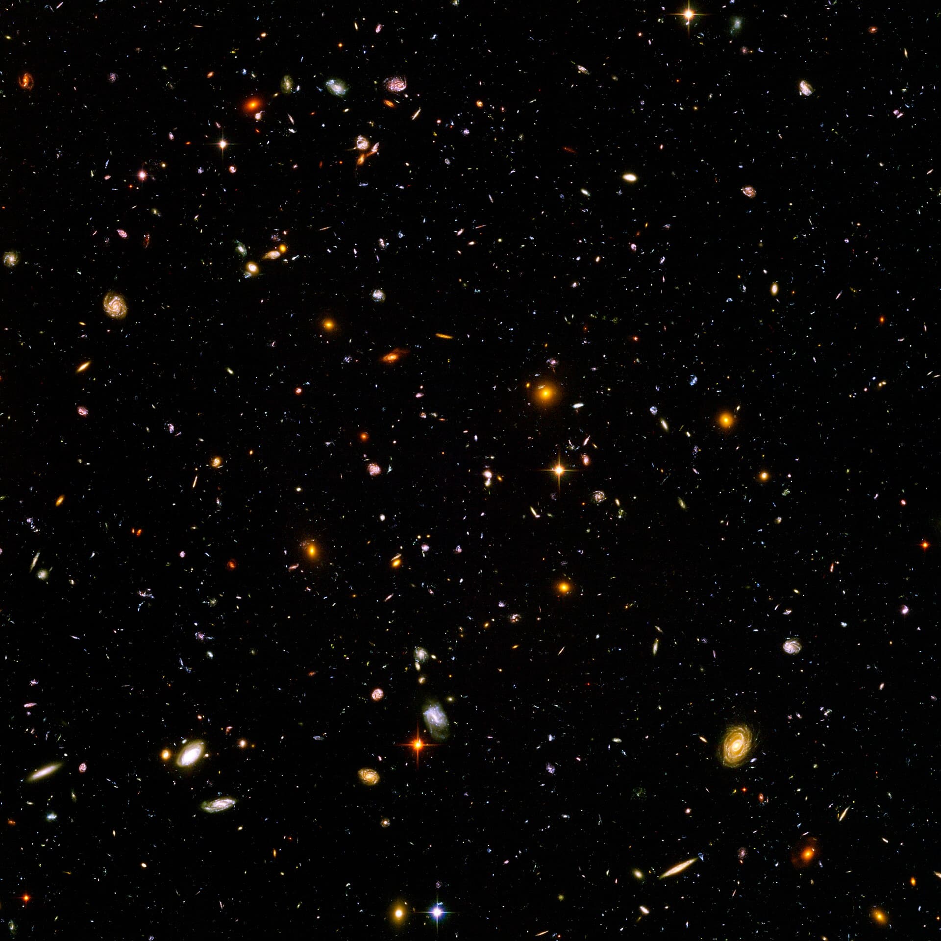 Hubble Ultra Deep Field — approximately 10,000 galaxies of various ages, sizes, shapes, and colors visible in a single frame.